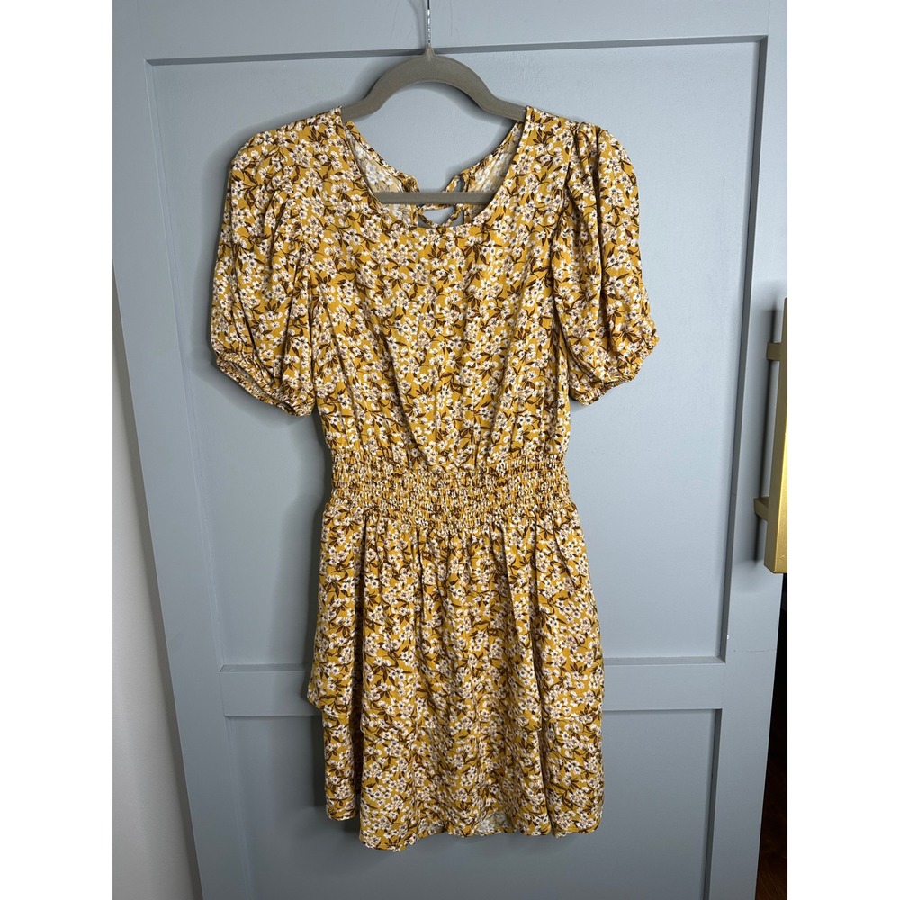 Wild Fable Yellow Floral Puff Sleeve Smocked Waist Tie Back Mini‎ Dress Size S